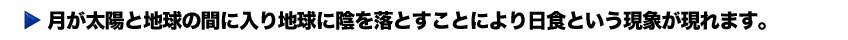 月と太陽と地球の間に入り地球に陰を落とすことにより日食という現象が現れます。
